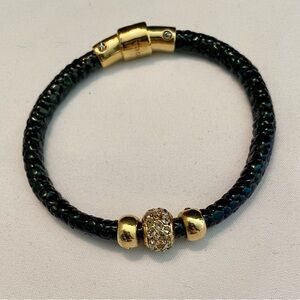 HENRI BENDEL Black Sparkly Leather Bracelet Gold Crystal Bead R $148